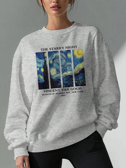 Star Pattern & Letter Print Sweatshirt, Casual Long Sleeve Crew Neck Pullover, Fashionable Sportswear For Women In Autumn/Winter, Made Of Soft Fabric, Loose Fit, Long Sleeve Design, Suitable For Daily Wear