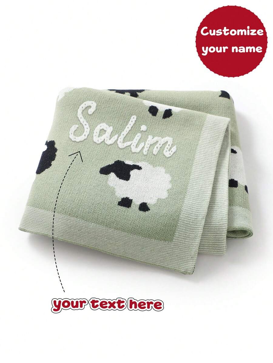 Manta de bebé tejida a mano con bordado personalizado del nombre, diseño de cordero jacquard, envolvente para recién nacidos, manta para niños para todas las estaciones - verde claro - Ver 1