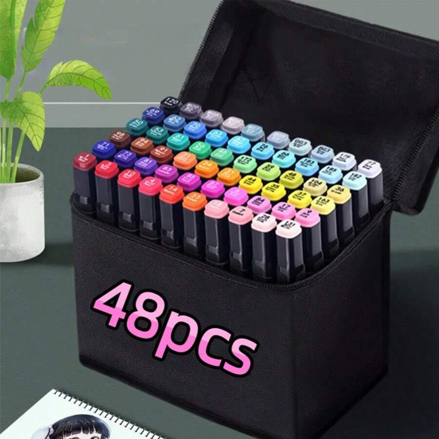 Set de 48/24 colores de rotuladores de doble punta y rotuladores acuarelables, suministros de arte profesionales para dibujo y diseño de anime - Multicolor - Ver 1