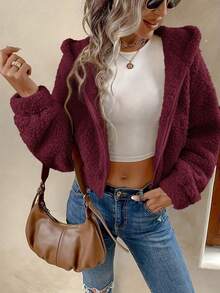 Vuslat Korean Sweet Style! Hooded Zipper Fluffy Short Jacket For Women, Autumn/Winter Versatile Loose Thick Comfortable Fashionable Outerwear, Ideal Choice For Vacation, Travel, Birthday Party, Valentine's Day, New Year, Daily Commute - Red Violet - View 4