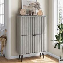 A Hidden Shoe Cabinet With A 60cm Grey Grooved Design And 2 Drop-Down Drawers, Used As A Freestanding Shoe Cabinet For Entrances, Hallways, Living Rooms And Closets. - Gray - View 6