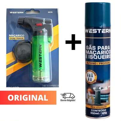 Kit Maçarico Pequeno e Médio + Tubo de Gás Isqueiro Portátil Recarregável Com Trava Cozinha Butano Propano 400ml Portátil Original