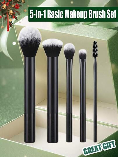 5件套黑色专业彩妆套装，适用于面部和眼部，适合日常使用、送礼、派对、旅行，是初学者、彩妆爱好者和专业人士的理想之选，四季皆宜，适合所有肤质，深受女性喜爱。