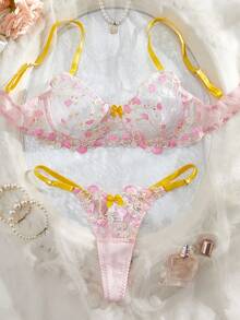 性感可调节草莓刺绣花卉内衣套装，带钢圈，文胸和内裤两件套 - 彩色 - 查看 2