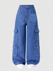 Tween Girls' Casual Everyday Cat Whisker Washed Flap Pocket Wide Leg Pants - Blue - View 1