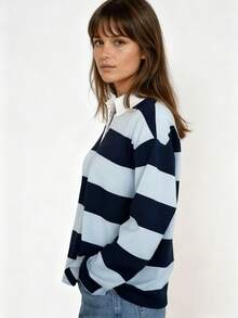 Women Striped Polo Rugby Shirts Y2k Long Sleeve Button Down Oversized Preppy Sweatshirt Vintage Collared Pullover Top - Blue - View 3