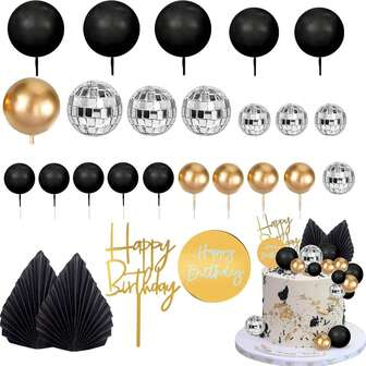 25pcs Man Cake Topper Disco Ball Palm Leaves Black Gold Boho Cake Decoration For Boy Bohemian Wedding Baby Shower Birthday Party
