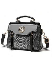 女士时尚漆皮鳄鱼纹手提包 [M]，可调节宽肩带，轻便单肩包，适合日常通勤、旅行、购物等多种场合。 - 黑色 - 查看 5