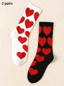 2/4 双装女士中筒袜，饰有红色爱心图案，黑白底色搭配红色爱心印花设计，舒适的罗纹针织袜口，浪漫时尚，适合日常穿着、情侣搭配以及情人节、母亲节等节日。 - 彩色 - 查看 8