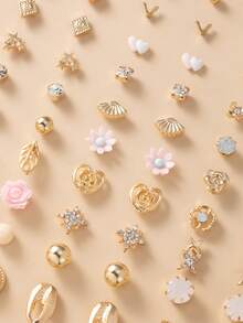 60pcs Fashion Metal Butterfly, Heart, Rhinestone, Moon, Bow Knot, Flower Stud Earrings Set, Jewelry Gift, Suitable For Daily Wear - Multicolor - View 5