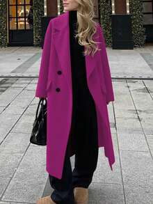 Women's Long Sleeve Solid Color Coat, With Pockets And Double-Breasted Design, Country Style, Winter - Hot Pink - View 6