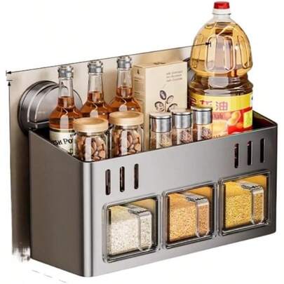 スパイスラック タイマー内蔵 吸盤固定 防水防錆 二層収納 調味料棚 キッチン 賃貸 小スペース 卓上 壁掛け 磁石式 密閉容器 耐荷重 コンパクト 調味料整理 ガン灰・三段調味料ラック 吸盤取り付け
