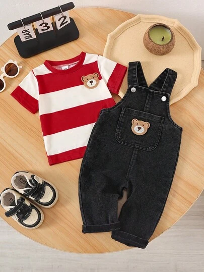 Baby Boy Casual Fashion Pocket Decor Bib Overall Pants And Multicolor Striped Print Short Sleeve Top Set, Spring/Summer