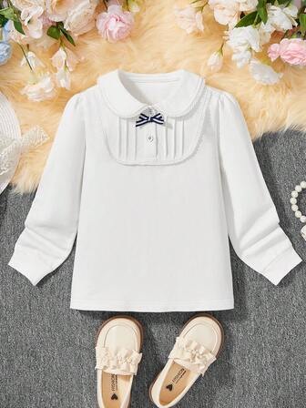 Camisa polo para niñas, camiseta de manga larga informal y elegante con cuello de volantes y lazo, adecuada para niñas de 3 a 12 años, camiseta interior para uniforme escolar, estilo academia, top de manga larga con solapa, primavera otoño
