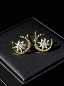 一对优雅星月耳钉，镶嵌立方氧化锆，铜合金材质，时尚饰品耳环配件，适合女性佩戴 - 彩色 - 查看 9