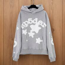 Women's Sp5der Hoodie, 2 Pcs Foam Letter 555 Graphic Print Pullover Coat, 400g 100% Acrylic Wool-Like Fabric Streetwear - Xám - Xem 4