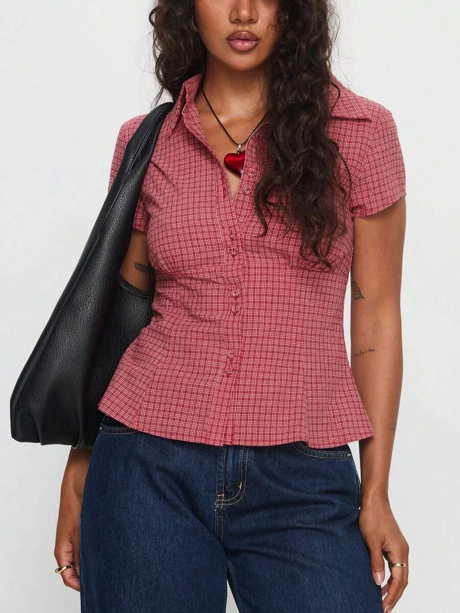 Women's Y2K Plaid Shirt Button-Up Short Sleeve Collared Slim Fit Casual Summer Blouse Tops - 珊瑚紅色 - 查看 1