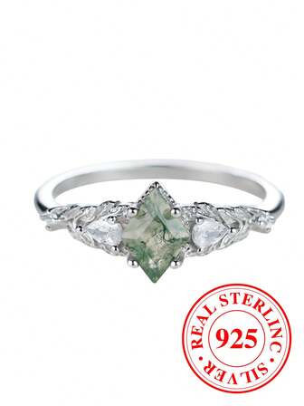 1 st. ring i ren silver med rombiska agater, sidoinfattad droppformad vit kubisk zirkonia, modern geometrisk minimalistisk delikat stapelbar design, lämplig för kvinnor, allergivänligt material, idealisk present till alla hjärtans dag, årsdag, födelsedag, vardagskläder