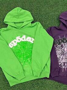 2026 New Women's Sp5der Spider Web Foam Print Hoodie, 1 Pcs | 400g 100% Acrylic Wool-Like Fabric Oversized Loose-Fit Hooded Sweatshirt - Streetwear Style With 3D Raised Graphic - Green - View 4