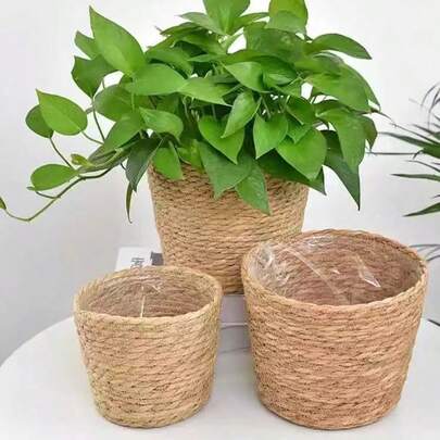 Handmade Woven Rattan Flower Pot Cover, Indoor Plant Wicker Basket, Bohemian Style Home Decor, Seagrass Rope Planter, Decoration For Living Room & Balcony