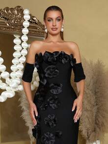 新款性感奢华3D立体花卉装饰长款绷带连衣裙，时尚露肩短袖薄纱雪纺荷叶边下摆露背不对称设计，适合女士婚礼、庆典、派对、正式晚宴、圣诞节等场合。 - 黑色 - 查看 3