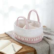 1pc Handmade Large Baby Diaper Basket, Toy Storage Bin, Woven Divided Portable Tote With Tassels - Multicolor - View 11