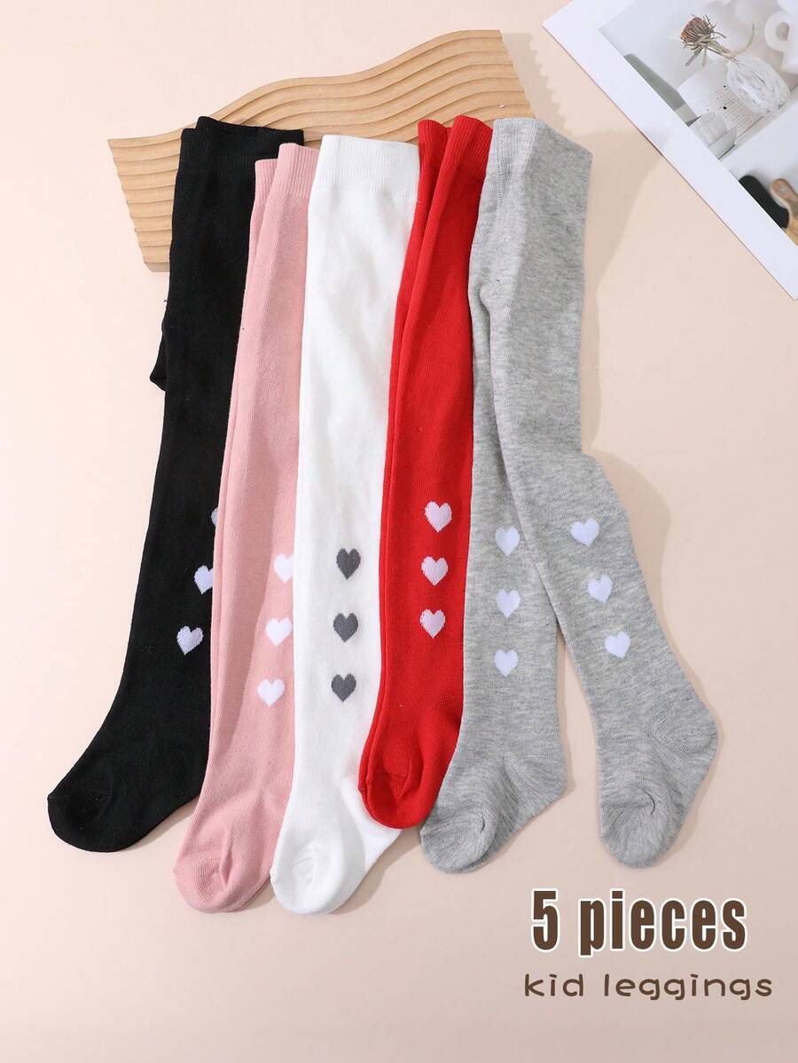 5 đôi quần tất trơn màu họa tiết trái tim cho bé gái, ngọt ngào và dễ thương, phù hợp để đi học và phối đồ hàng ngày, quần legging đa năng cho mọi mùa.