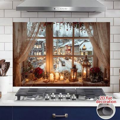 1片装大号自粘可移除欧洲冬季雪景村庄窗膜 - 光面欧式圣诞装饰及阳台贴纸，可撕贴装饰门、镜子 - 可重复使用乙烯基材质（无残留） - 雪景设计，2D平面，圣诞装饰