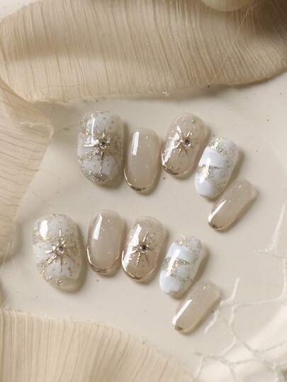10片装亚克力美甲贴片，白色猫眼银色太阳图案，短款，适合办公室日常佩戴，套装包含1张粘性贴片和1个迷你指甲锉。