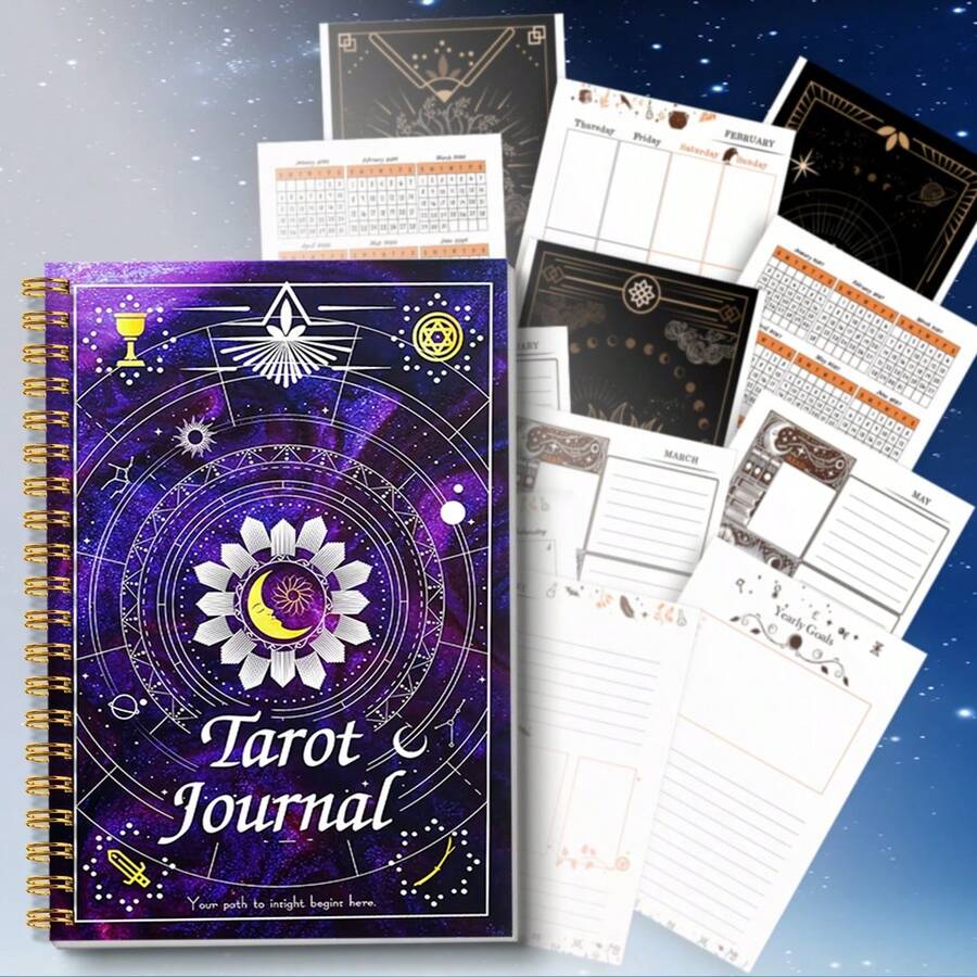 1本塔罗牌指南及练习册，5.5x8.3英寸，耐用金色螺旋装订 - 多功能灵修日志，适合塔罗牌读者、巫术信徒、冥想者 - 直觉练习纸质计划本 - 塔罗牌爱好者、灵性物品、巫术、灵性书籍、通灵、占卜书籍、灵性日记的理想之选