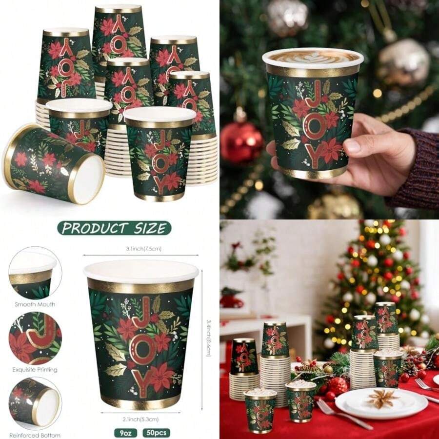 WRAPAHOLIC 50 tazas de papel de Navidad – tazas desechables de 9 onzas y hojas, suministros de fiesta para jugo, café, bebidas frías y calientes(Verde Joy & Floral) - Multicolor - Ver 1
