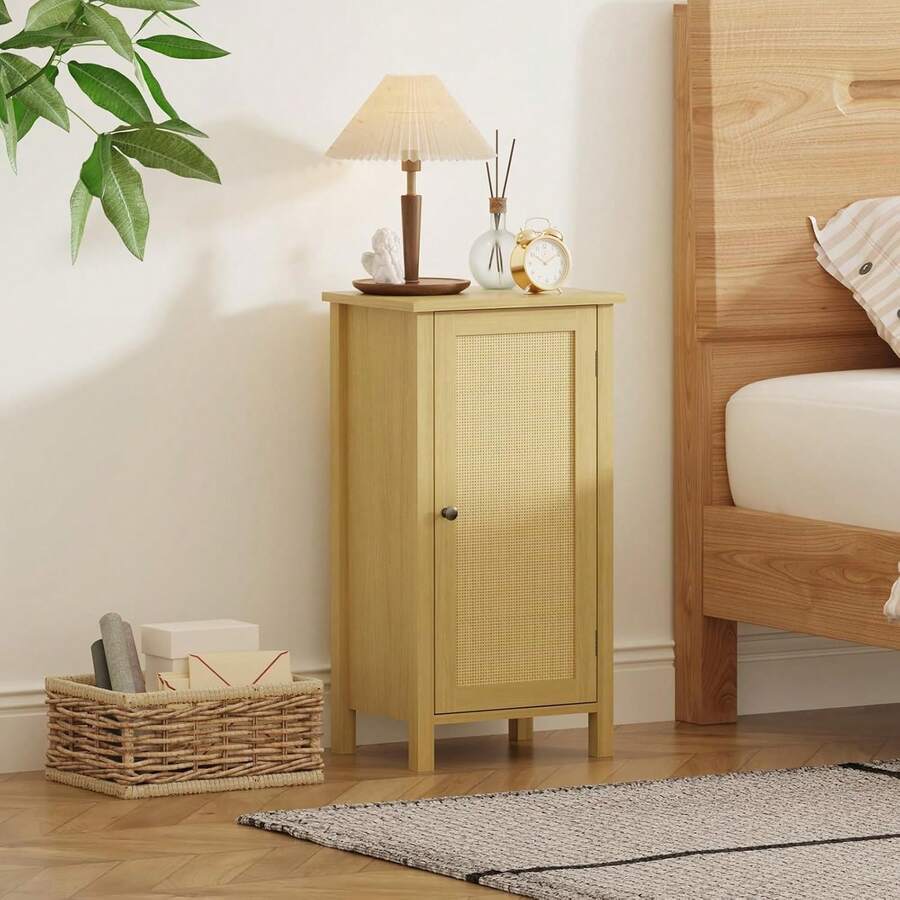 Mesa de noche de granja, Mesa de comedor de 16 pulgadas con cajón para el dormitorio, Mesa de extremo de madera moderna Boho, Mesa de acento de almacenamiento con piernas resistentes para la sala de estar, Habitación - Marrón - Ver 1