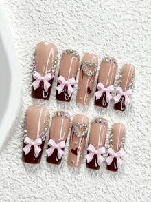 10Pcs French Style Handmade Press On Nail,Polygel Nail Set,Featuring Rhinestones,Pink Bows,Brown Nail Polish,Sweet,Edgy Style,Includes Nail Tools,3 Sizes Available,Almond,Duck,Coffin Nails For Party,Dance,Daily Wear. - 彩色 - 查看 13