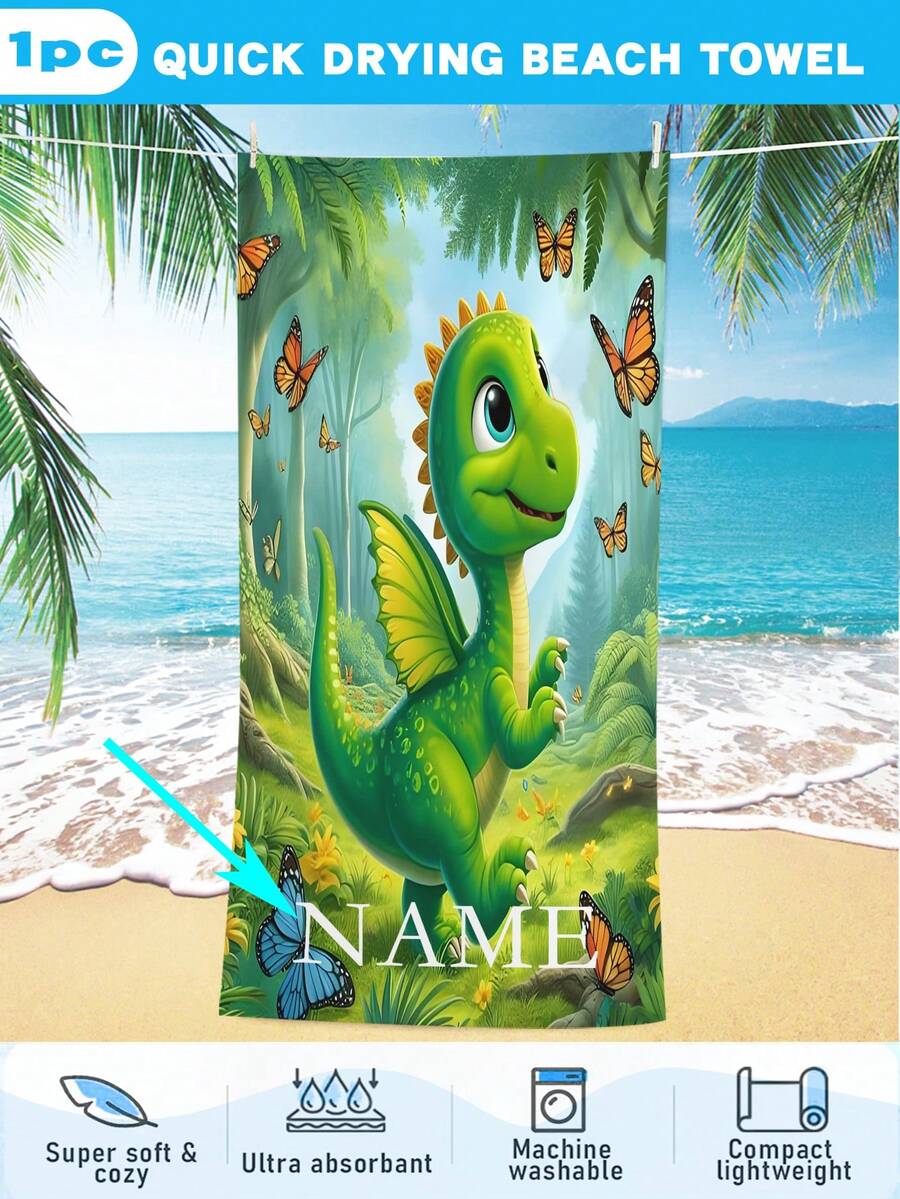1PC Quick Drying Beach Towel With Cartoon Dinosaur Pattern Customized Beach Towel Name Beach Towel, 100% Polyester,Custom Beach Towel With Name And Text, Custom Name Pool Towel - Multicolor - View 1