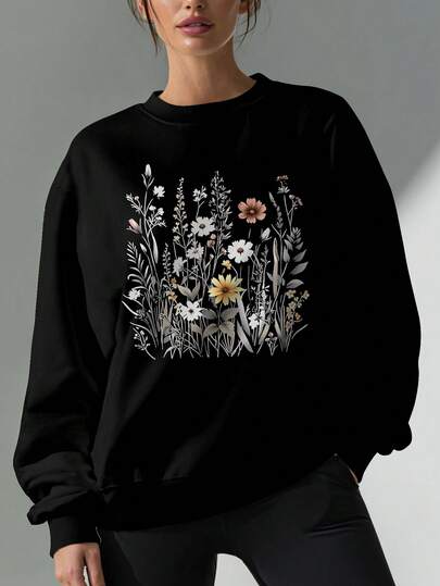 女士印花套头毛衣，休闲长袖圆领抓绒保暖上衣，适合秋冬季时尚运动装，休闲长袖设计，面料柔软，宽松版型 - 日常穿着的理想之选