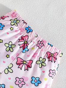 Baby Girl Summer Short Sleeve Ruffle Sleeve Unicorn & Bow Print Round Neck T-Shirt And Ruffle Hem Shorts Set - Pink - View 7