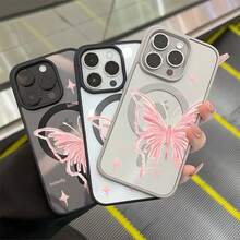 Pink Butterfly Suitable for  galaxy S21 S22 S23 S24 S25 ULTRA PLUS FE TPU material+acrylic backplate magnetic convenient wireless charging creative personality high-end new product phone case protective cover - PZ146Mariposa rosa SKUSlice2 - Ver 4