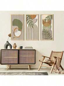 3件套鼠尾草绿抽象木质墙饰，几何木质墙画/16 x 8 英寸/现代中性墙面装饰，适用于客厅、卧室、办公室 - 彩色 - 查看 5