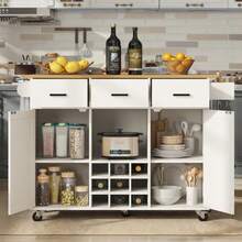 Dining Trolley, Kitchen Trolley, Removable Dining Trolley With Worktop, Towel Rack And Spice Rack, Adjustable Dividers, Buffet Cabinet, Kitchen Cabinets, Tabletop With Wood Grain, White - 白色 - 查看 4