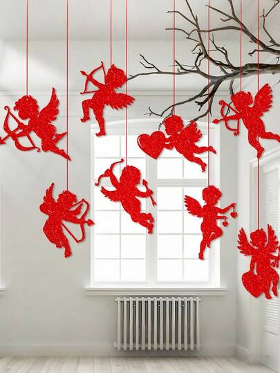 8pcs-Romantic Cupid Themed Valentine'S Day Hanging Decorations, Glitter Red Cupid Valentine's Day Decorations, Romantic Indoor Wedding Decor, Valentine's Day Decorations, Home Decor, Room Decor, Anniversary Love Party Ceiling Ribbon, Valentine's Day Party Supplies, Restaurant Window Decorations And Layout Supplies