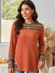 Blusa de manga larga para mujer con estampado elegante de rayas geométricas y cuello redondo - Naranja - Ver 6