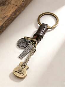1pc Stylish Retro Guitar-Shaped Leather Keychain, Woven Leather Keychain For Men And Women, Backpack Charm, Souvenir Gift, New Year's Gift. - Bronze - View 4