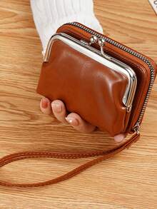女士短款PU皮钱包，拉链按扣多功能大容量零钱包卡包，轻巧时尚现代商务拉链钱包，信用卡夹，商务休闲教师节礼物、周年纪念礼物、生日礼物，OL腕包，女士小钱包 - 酒紅色 - 查看 5