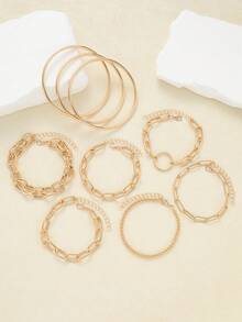 9件套复古硬币叠层链手链，简约设计，适合约会、度假、日常佩戴、派对、节日等场合，是送给女性的理想礼物。 - 金黃色 - 查看 5