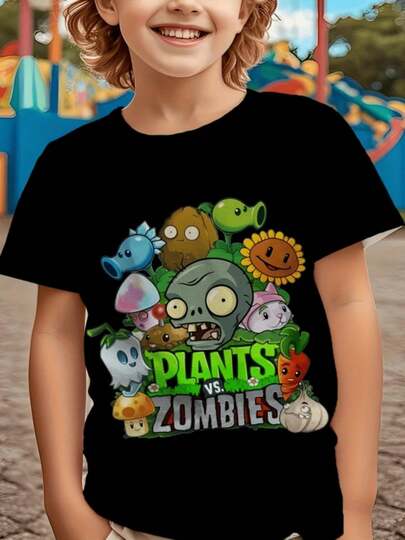 A classic short-sleeved T-shirt with a unique pattern printed on itCamiseta niño con diseño divertido de plantas vs zombies,100% algodón,ideal para el verano. Camiseta de 200g con estilo y comodidad para los pequeños. Una camiseta simple con patrones de letras, adecuada para adolescentes y niños como camisetas de manga corta.
