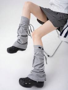 polve 1 Pair Solid Color Non-Woven Fabric Lace-Up Leg Warmers, Y2K Japanese Style, Slim Fit, Available In Dark Gray, White, Light Gray, Khaki, Black, Drawstring Binding Design, Flared Leg Warmers