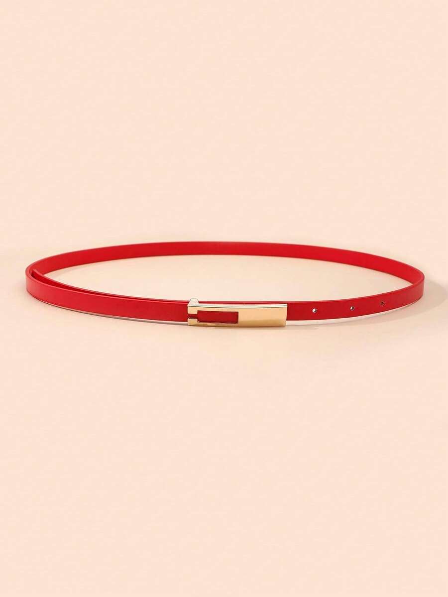 1pc Women's Simple And Stylish High-End Alloy Belt Features A Solid Color And Elegant Design (Available In Red, Black, And White). Suitable For Young And Middle-Aged Women, It Enhances Feminine Charm. The Square Buckle And Thin Belt Can Be Paired With Classic Trousers Or Skirts. It Is Suitable For All Seasons - Red - View 1