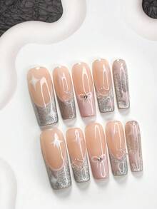 10件套温柔少女美甲套装，包含法式美甲贴片、杏仁形美甲贴片、方形美甲贴片、鸭嘴美甲贴片、手绘星星假指甲、蝴蝶结美甲配件、银色猫眼美甲胶、粉色指甲油，以及工具包（1片果冻美甲贴片+1把指甲锉），适合女性和女孩，可用于日常拍照和派对美甲。手工美甲贴片。 - 彩色 - 查看 14