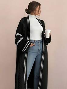 Plus Size Women's Fall And Winter Black And White Contrast Long-Sleeved Knitted Cardigan, With Cable-Knit, Long-Style Casual Coat, School-Style - Multicolor - View 1