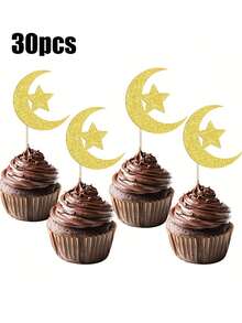 10/20/30pcs Gold Crescent Moon Cupcake Toppers - Eid Mubarak Decorations - Gold Glitter Eid Party Cake Decorations